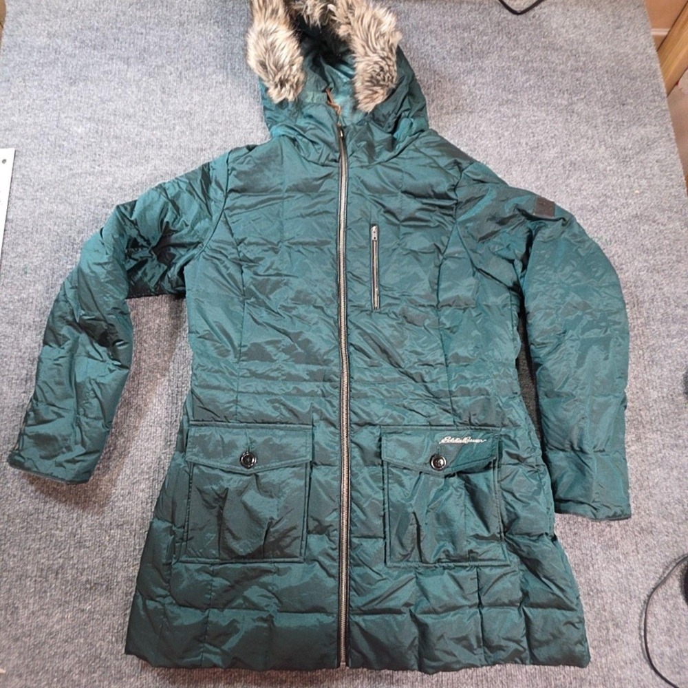 Eddie Bauer Coat Womens Large Green Puffer Parka Faux Fur Hooded Zip Winter Warm